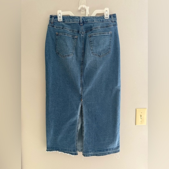 Baccini Womens Denim Skirt SZ 6 Long Pockets Back Slit Stretch Raw Hem Western - Picture 5 of 7